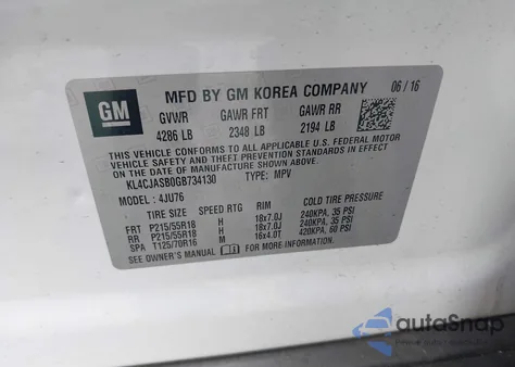 2016 Buick Encore from USA, damaged, VIN KL4CJASB0GB734130